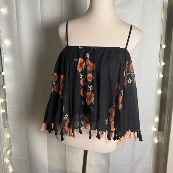 Carolina K Black Floral Camisole with Fringe Hem - Picture 1 of 9